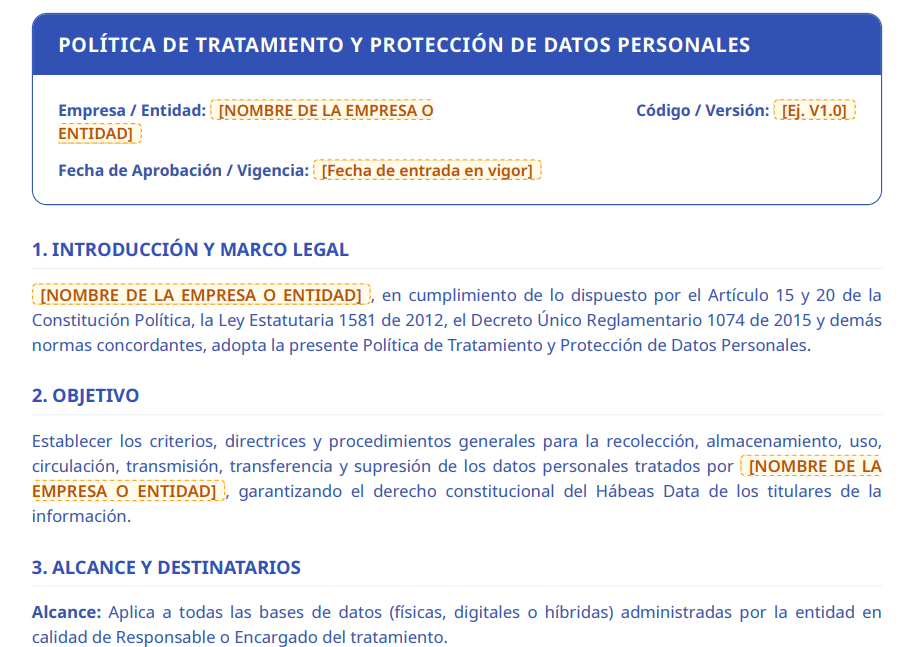 Plantilla para política de tratamiento y protección de datos personales