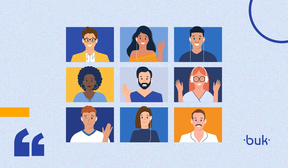 Ilustración que muestra a muchas personas en reunión virtual saludando en alusión a la nueva forma de comunicación y cultura organizacional laboral